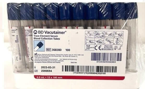 BD 368380 Vacutainer Trace Element Serum Blood Collection Tubes - Exp: 2023-03-31