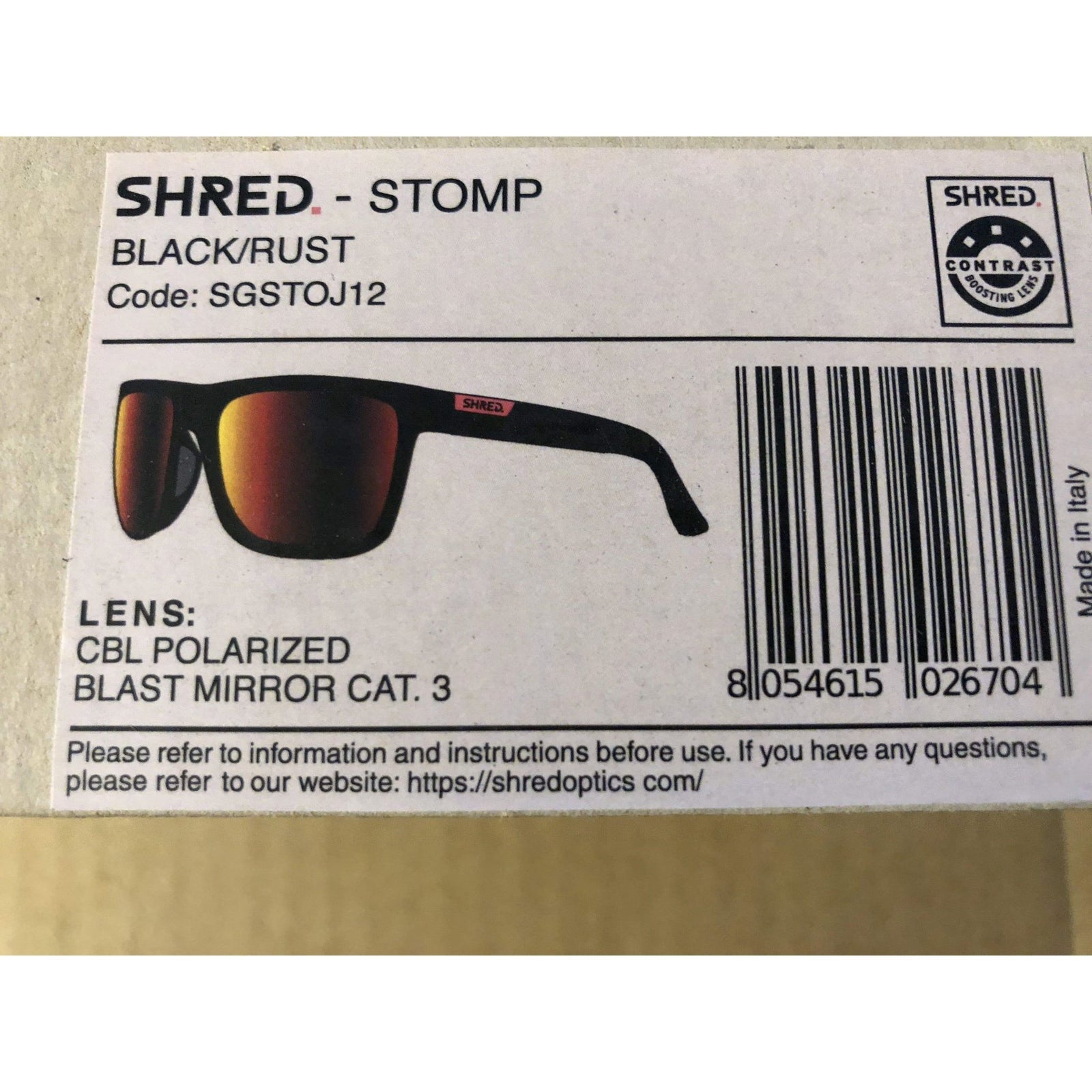 Shred black/rust men's sunglasses with STOMP mirror CBL polarized lenses, durable and stylish, crafted in Italy for superior clarity.