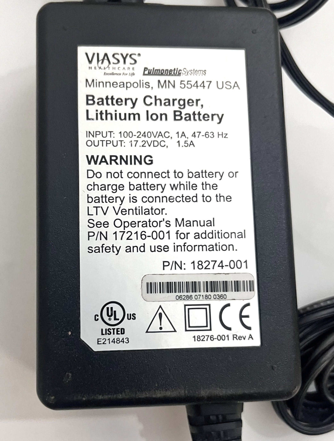CareFusion Pulmonetic Systems LTV Transport Battery 14497-001 and Battery Charger 18274-001