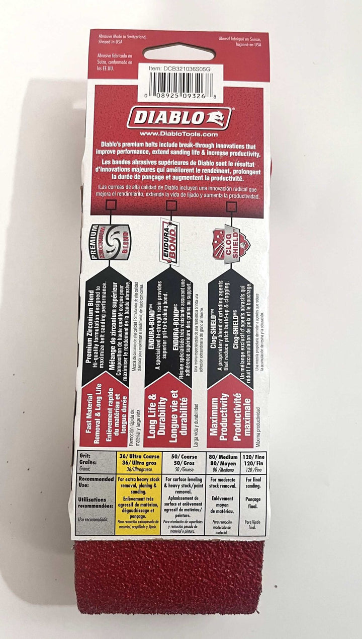 Diablo sanding belts 36 grit (5-pack), 3" x 21", for aggressive material removal. Ideal for heavy-duty sanding and surface preparation.