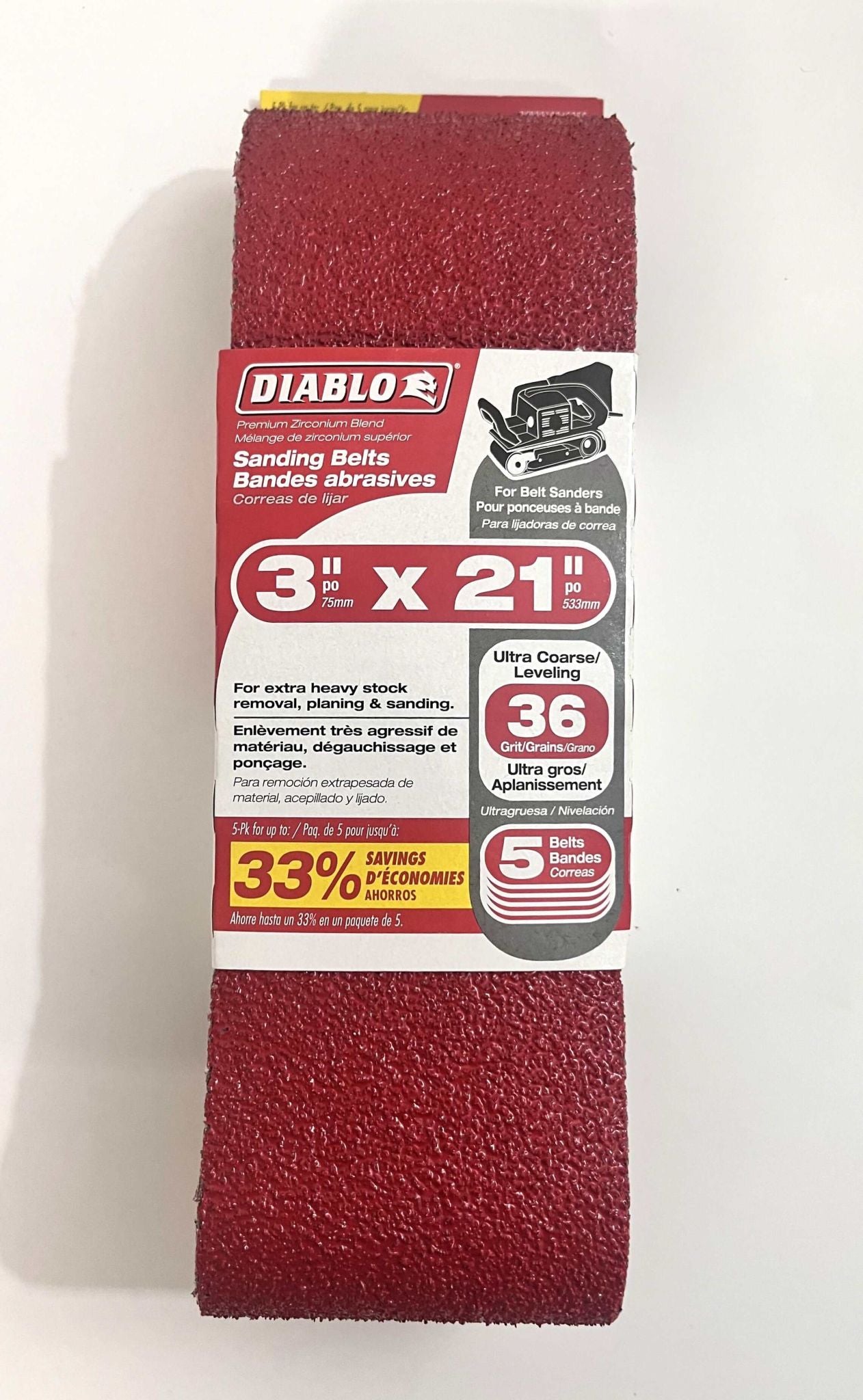 Diablo sanding belts 36 grit (5-pack), 3" x 21", for aggressive material removal. Ideal for heavy-duty sanding and surface preparation.