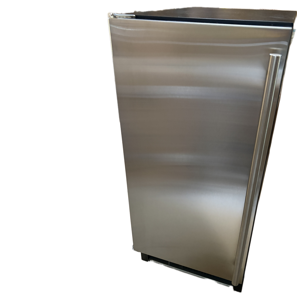 Stainless steel built-in ice maker from Duura with a sleek handle, featuring a compact design suitable for kitchen or bar installation, showing slight cosmetic blemishes on the surface.