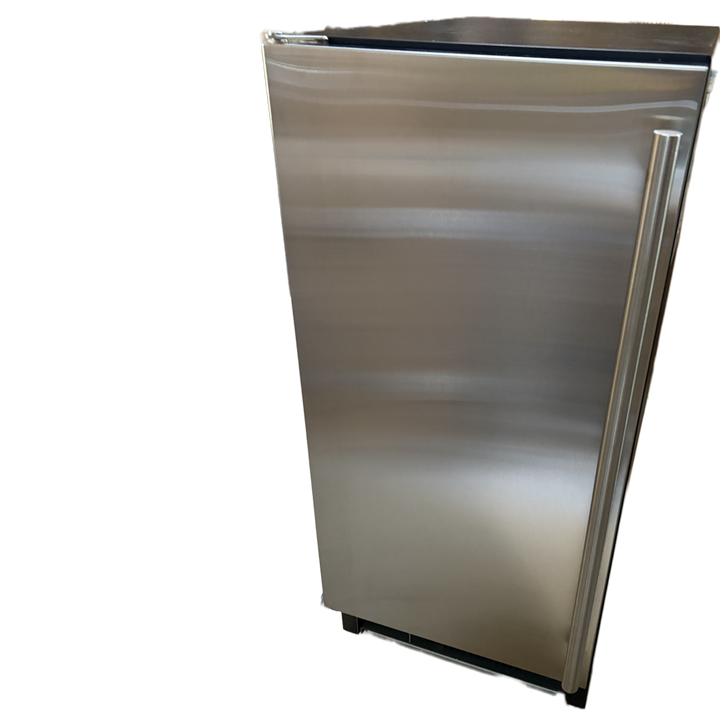 Stainless steel built-in ice maker from Duura with a sleek handle, featuring a compact design suitable for kitchen or bar installation, showing slight cosmetic blemishes on the surface.