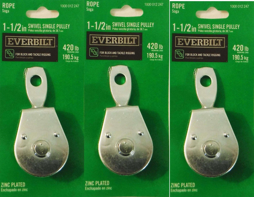 Everbilt 44154 zinc-plated swivel single pulley 1-1/2 in., durable design, 420 lb. capacity (3-pack).