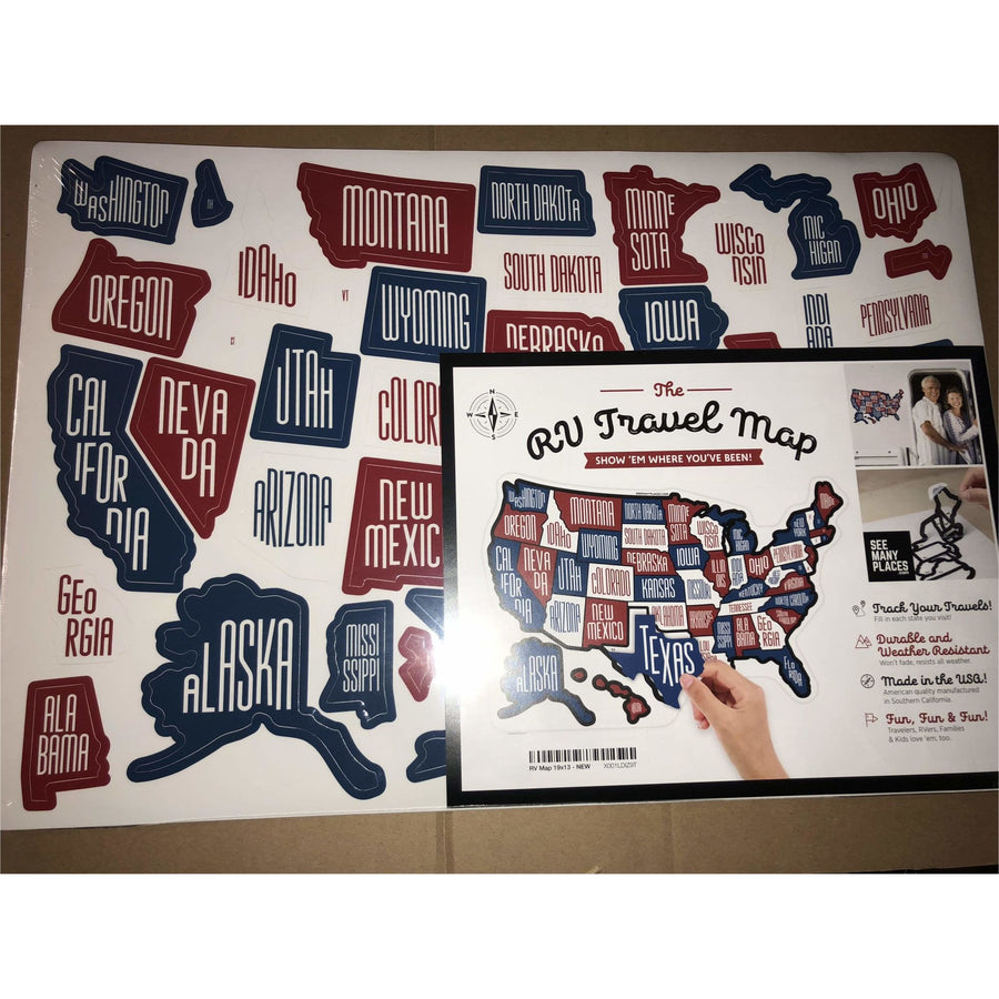 RV state sticker travel map of the United States, 19" x 13", featuring a vibrant red, white, and blue design for tracking adventures.