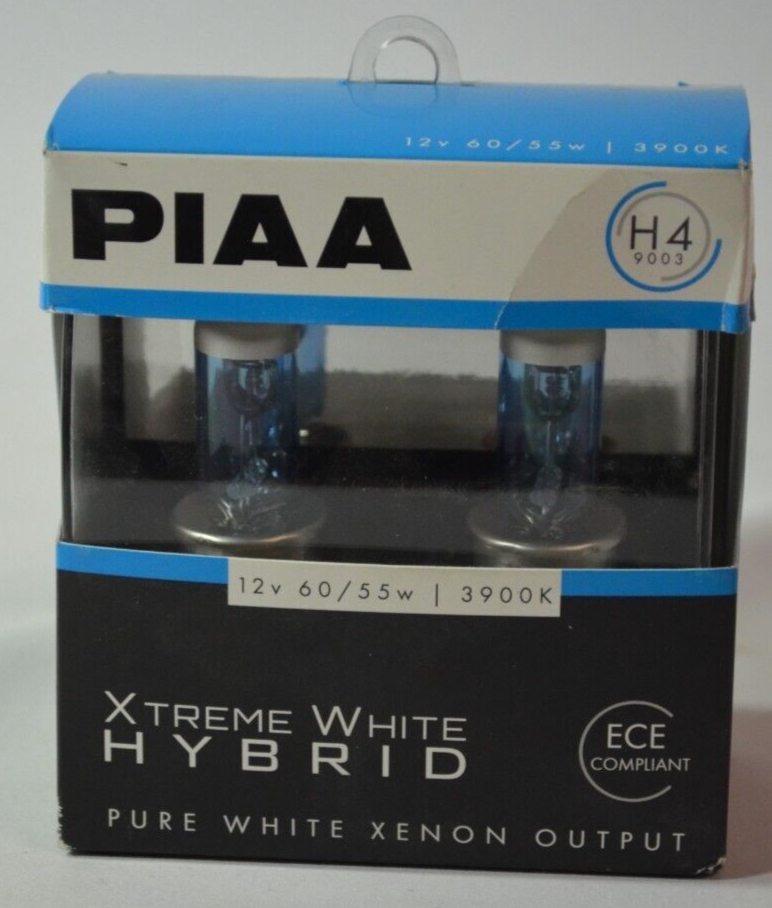 PIAA 23-10104 Xtreme White Hybrid H4 bulb, 3900K, 12V 60/55W, 2-pack, delivers bright white light for improved visibility and safety.