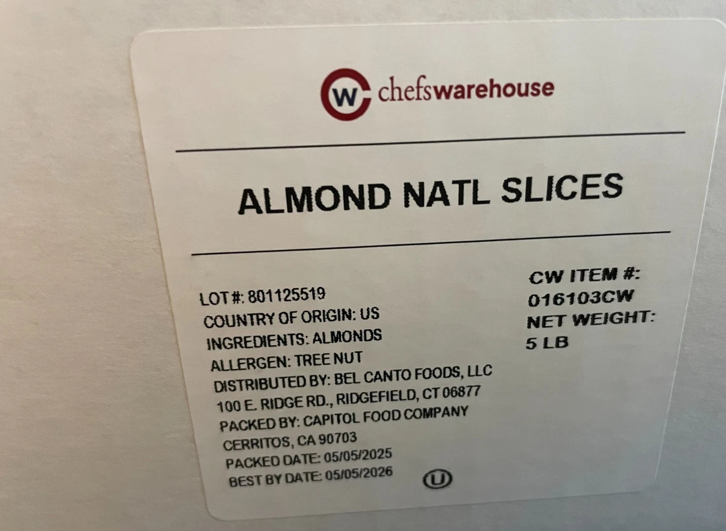 CHEFS WAREHOUSE Sliced Almonds 5 lb Box Bulk Baking Nuts Fresh