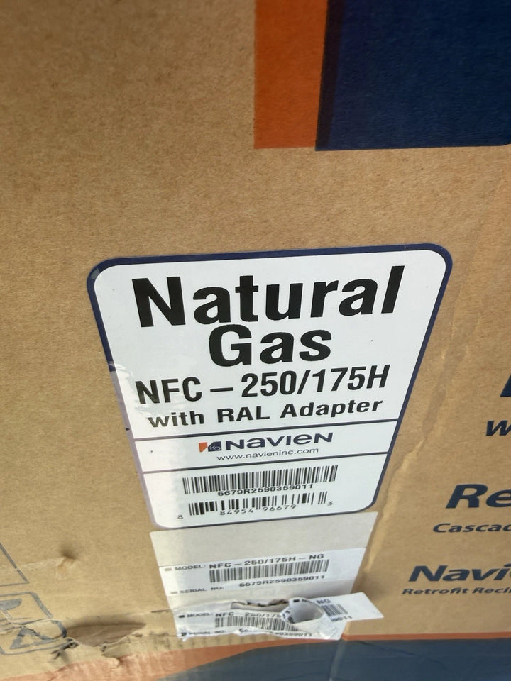 Cardboard shipping box with a Navien label reading NFC-250/175H with Rail Adapter.