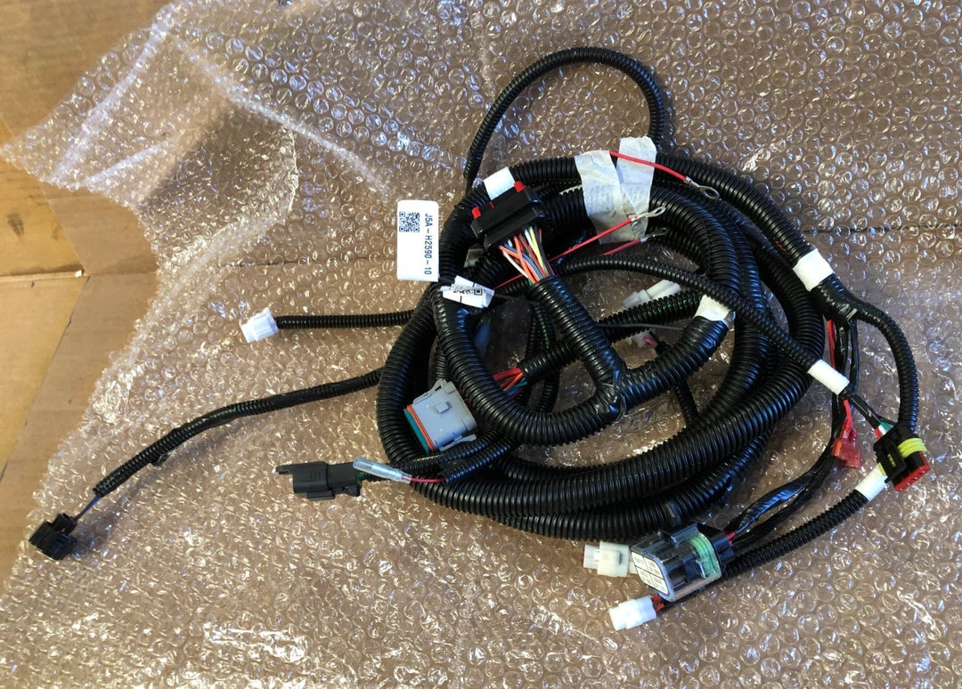 New Yamaha J5A-H2590-10-00 wire harness assembly with bundled black electrical cables and multiple connectors for a golf cart