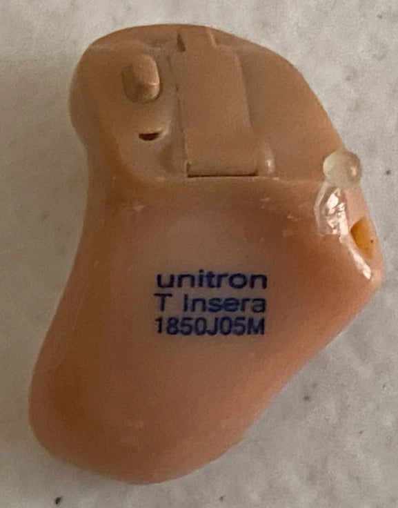 Tan Unitron T Insera 1850J05M in ear hearing aid with molded shell and ear tip, medical assistive device from PHENTERSALES