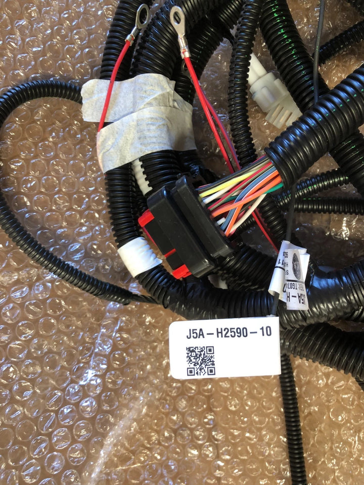 Yamaha OEM J5A-H2590-10-00 new golf cart wire harness assembly with corrugated protective loom, connectors, and multicolored wiring