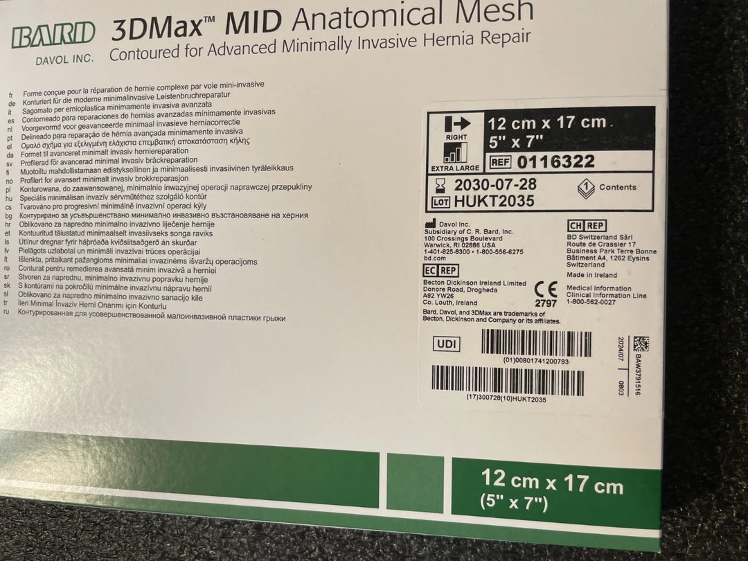 14 pcs Bard 3DMax Mid Anatomical Mesh 0116322 Extra Large Right Hernia Repair 7/28/30