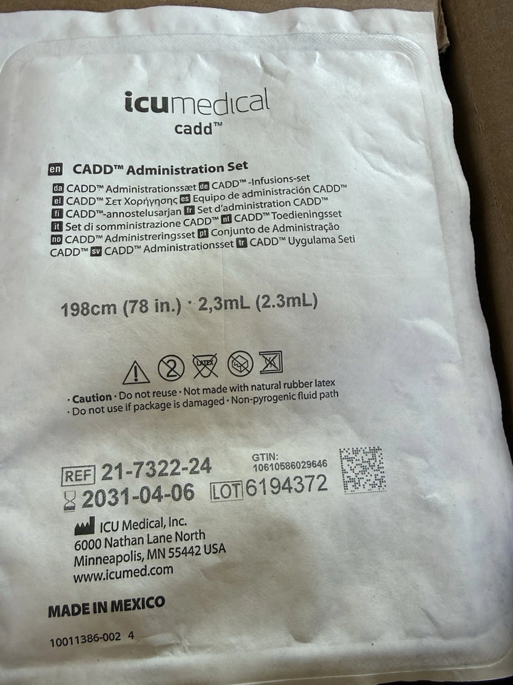 Smiths Medical CADD Administration Set 21-7322-24 IV 78 Inch Tubing No Ports EXP 4/6/2031