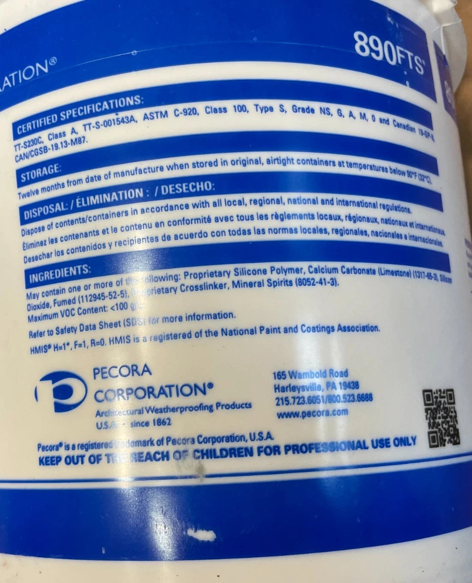 Pecora 890FTS Neutral-Cure Silicone Sealant 1.5 Gal – Ultra-Low Modulus, Field Tintable, New