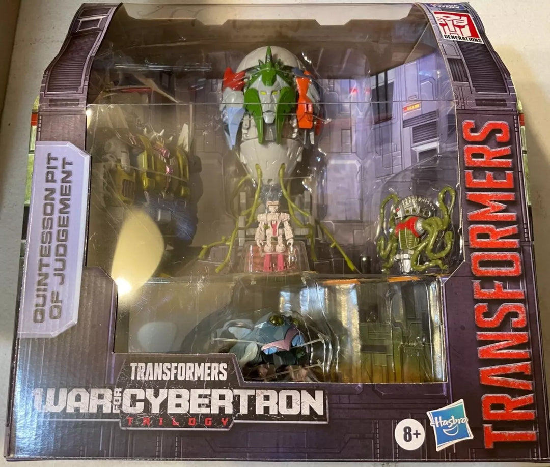 Hasbro Transformers Quintesson Pit of Judgement SDCC exclusive action figure set, featuring iconic characters, detailed and highly collectible.