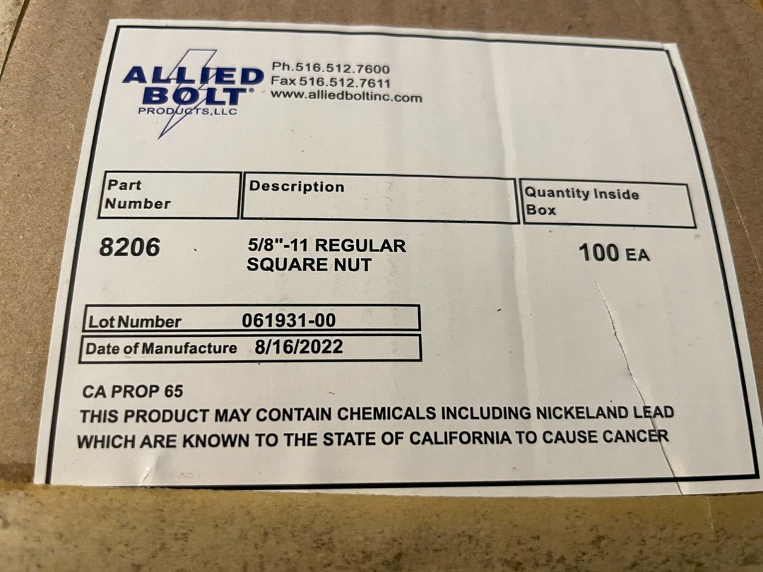Pack of 100 Allied Bolt Regular Square Nut 5/8"-11 8206