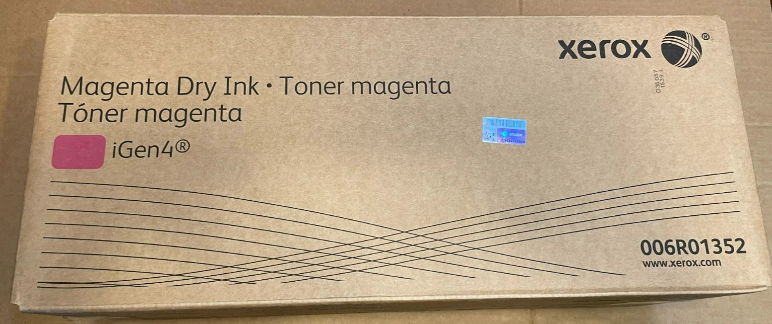 Rectangular cardboard box for a magenta dry ink toner cartridge with Xerox branding and PHENTERSALES vendor identification on a plain surface.