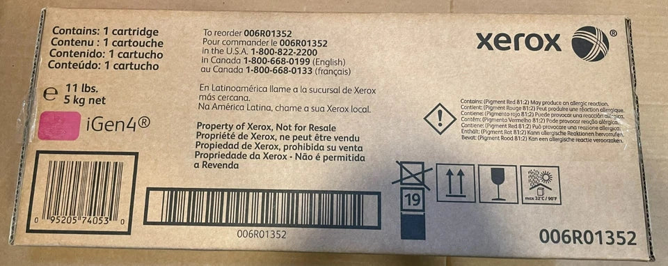 Cardboard box packaging for a PHENTERSALES Xerox magenta toner cartridge compatible with iGen4 printers, featuring multilingual labeling and product codes.