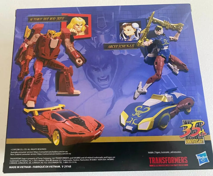 Action figures of Transformers Collaborative Street Fighter II Mash-Up: Hot Rod as Ken and Arcee as Chun-Li, in dynamic poses.