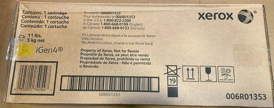 Cardboard box labeled with Xerox branding and product code 006R01353 containing a yellow toner cartridge for iGen4 printers, offered by PHENTERSALES.