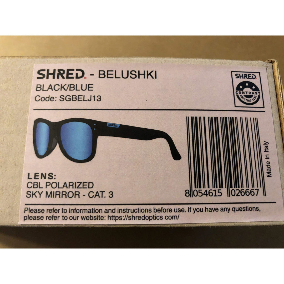 Shred Belushki black men's sunglasses with blue mirror polarized lenses, stylish design, and quality craftsmanship made in Italy.