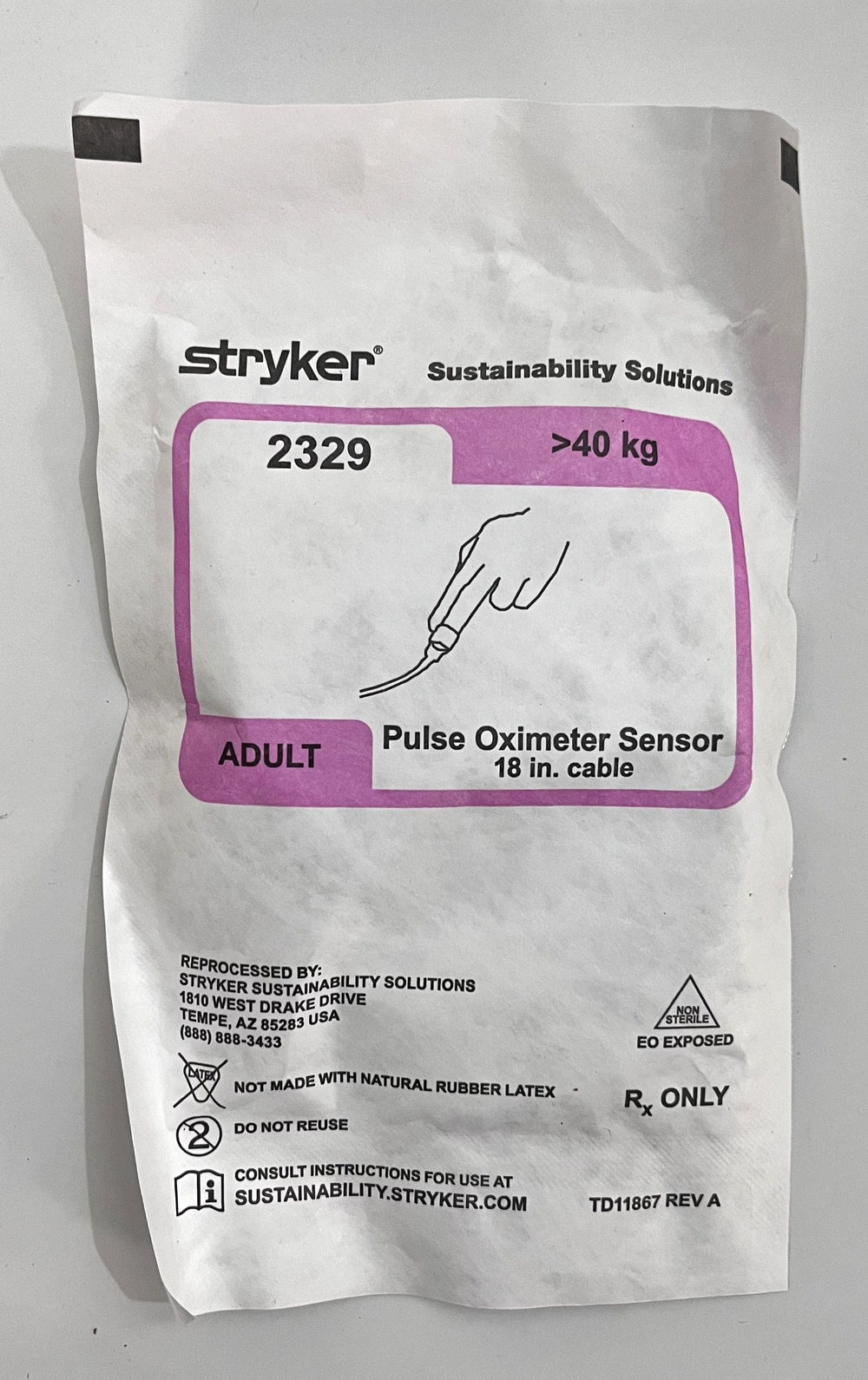 Stryker 2329 Adult Pulse Oximeter Sensor with 18-inch cable for accurate oxygen monitoring.