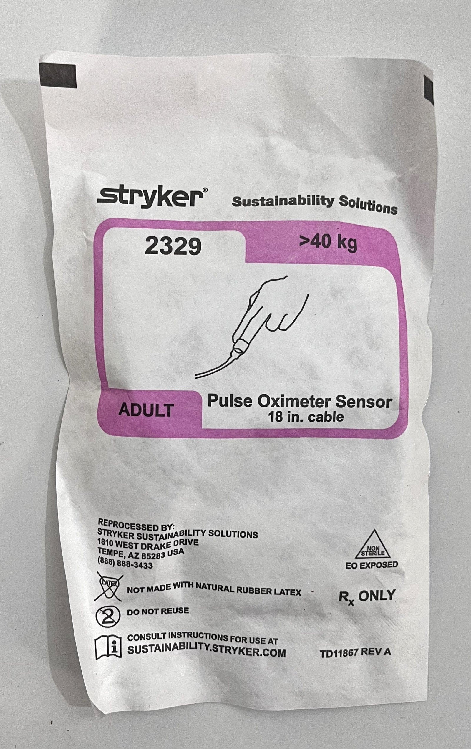 Stryker 2329 Adult Pulse Oximeter Sensor with 18-inch cable for accurate oxygen monitoring.