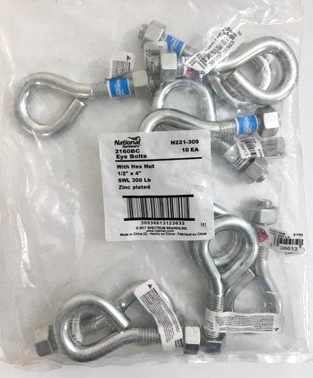 National Hardware Eye Bolts 2160BC with Hex Nut SWL 300 LB (10-Pack) 1/2" x 4" / Zinc Plated