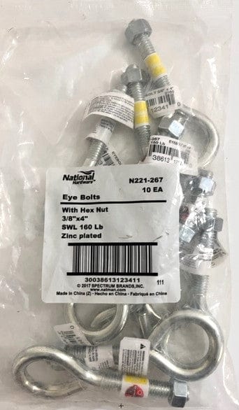 National Hardware Eye Bolts 2160BC with Hex Nut SWL 160 LB (10-Pack) 3/8" x 4" / Zinc Plated