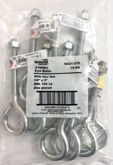 National Hardware Eye Bolts 2160BC with Hex Nut SWL 160 LB (10-Pack) 3/8" x 5" / Zinc Plated