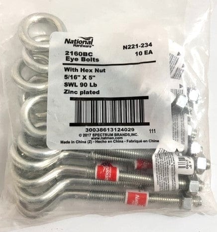 National Hardware Eye Bolts 2160BC with Hex Nut SWL 90 LB (10-Pack) 5/16" x 5" / Zinc Plated