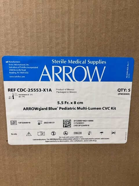 Arrow CDC-25553-X1A Arrowgard Blue Pediatric Multi-Lumen CVC Kit 5-Pack