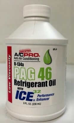 A/C Pro R-134a PAG 46 Refrigerant Oil with Ice 32 (8 oz), low viscosity, OEM specs.