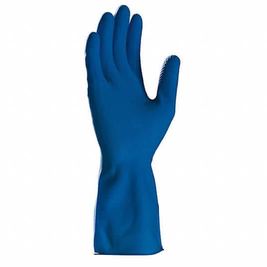 Ambitex LLG6503 Blue Latex Gloves, Large, 12", unlined, durable gloves in a 12-pack, sealed in bag.