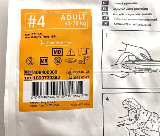 Ambu Auragain Laryngeal Mask #4: Disposable airway mask for effective ventilation, designed for easy insertion and secure fit during medical procedures.