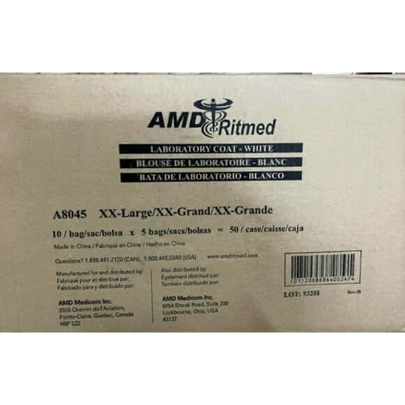 AMD Ritmed A8045 XX-Large White Laboratory Coat, fluid-resistant with snap closure (50/Case).