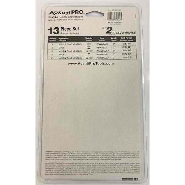 Avanti Pro 13-piece bi-metal reciprocating saw blade set, cuts wood and metal, durable and versatile for various cutting tasks.