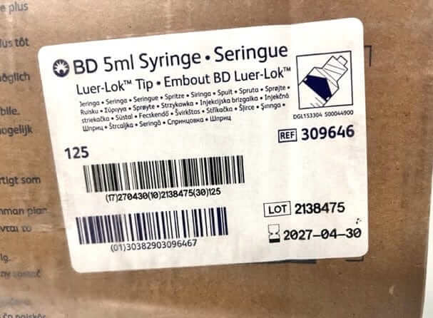 BD 309646 5ml Luer Lok Tip Syringe Sterile, Single Use (125-Pack)