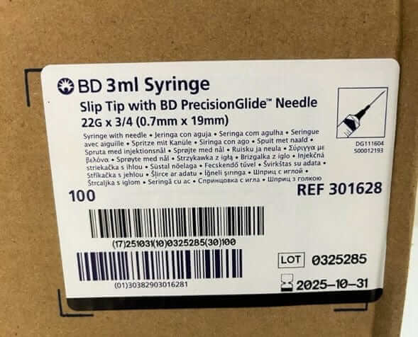 BD 3ml Slip Tip Syringe with PrecisionGlide Needle 301628 (100/box)