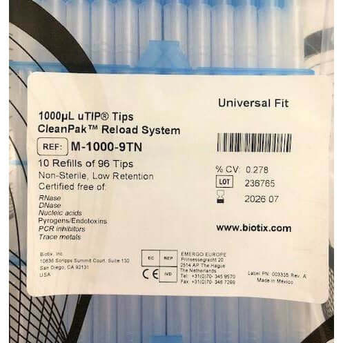 Biotix 1000μL uTip Tips CleanPak Reload System, M-1000-9TN, 10 Refills of 96 Tips