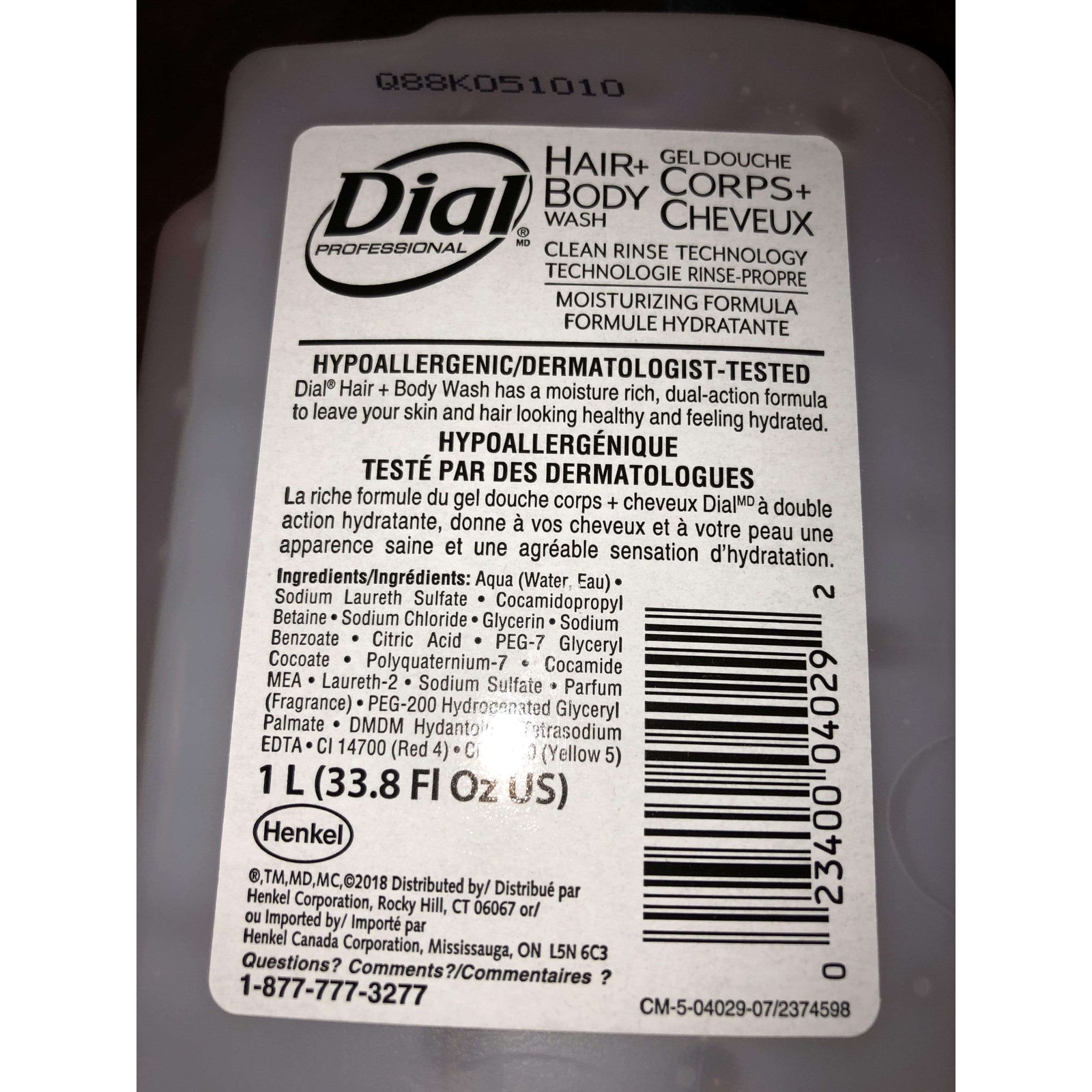 Dial Hair + Body Wash refill for 1L liquid dispenser, featuring a refreshing peach scent for a clean and invigorating experience.
