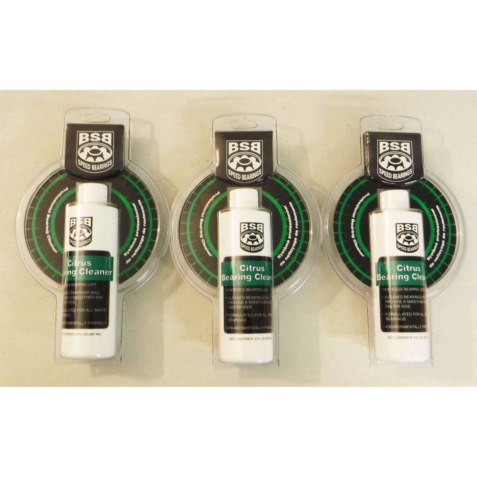 Three bottles of BSB Citrus Bearing Cleaner, each bottle is 8 fl oz, packaged in a clear plastic blister pack with black and green label design.
