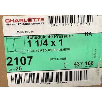 Charlotte 1-1/4" x 1" Schedule 40 reducer bushing, model 2107, PVC fitting for pipe size reduction; pack of 25 pieces.