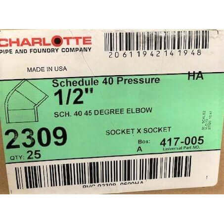 Charlotte 1/2" Schedule 40, 45-degree elbow, model 2309, durable PVC fitting for angled pipe connections; pack of 25.