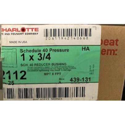 Charlotte 1" x 3/4" Schedule 40 reducing bushing, model 2112, PVC fitting for pipe size reduction; pack of 25 pieces.