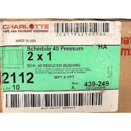 Charlotte 2" x 1" Schedule 40 reducer bushing, model 2112, durable PVC fitting for pipe size reduction; pack of 10.