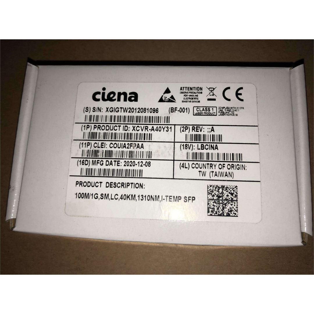Ciena XCVR-A40Y31 | 100M/1 Gig SM SFP Optic 40 KM 1310NM Temp Transceiver