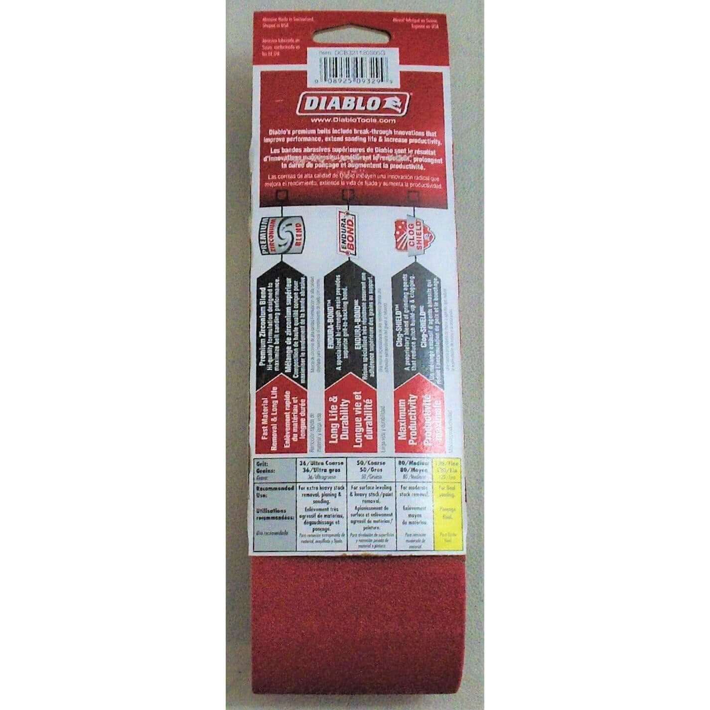 Diablo sanding belts 120 grit (5-pack), 3" x 21", for fine sanding and finishing. Ideal for smooth surface preparation on wood or metal.