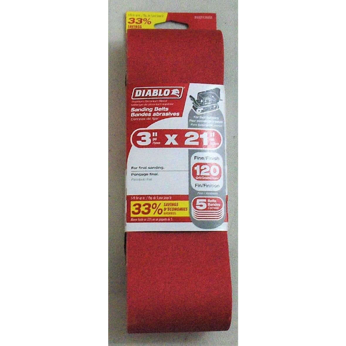 Diablo sanding belts 120 grit (5-pack), 3" x 21", for fine sanding and finishing. Ideal for smooth surface preparation on wood or metal.