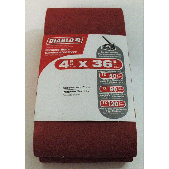 Diablo assortment pack of sanding belts (3-pack) in 50, 80, and 120 grit. Ideal for smoothing surfaces and shaping wood or metal.